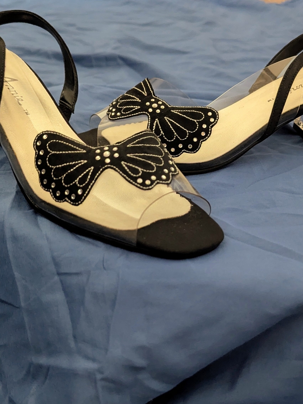 Annie Black Butterfly Slingback Heels with Clear Strap